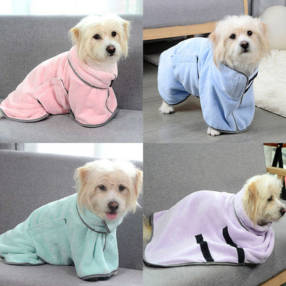 Cozy dog wearing a colorful pet bathrobe made of absorbent microfiber.